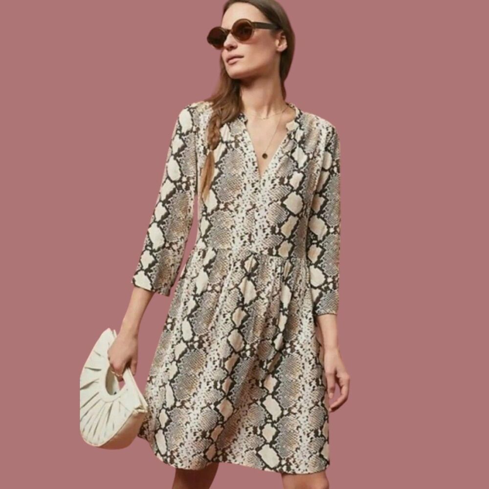 EUC Anthropologie Maeve Juno Snake Print Button‎ Down Long Sleeve Shirt Dress XS